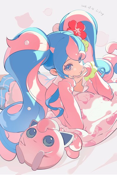 Anime picture 1000x1500 with pokemon vocaloid nintendo project voltage hatsune miku jigglypuff fairy miku (project voltage) lirseven single long hair tall image fringe hair between eyes purple eyes twintails blue hair pink hair lying multicolored hair hair flower