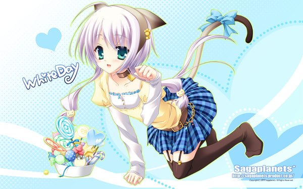 Anime picture 1920x1200 with kisaragi gold star (game) kuon mika single long hair blush highres open mouth wide image green eyes animal ears white hair cat ears cat tail girl thighhighs skirt bow black thighhighs miniskirt food