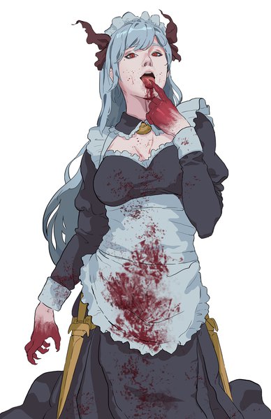 Anime picture 1500x2318 with original triximity single long hair tall image looking at viewer breasts open mouth simple background red eyes white background silver hair long sleeves fingernails maid cleavage cutout blood on face bloody clothes sharp fingernails girl