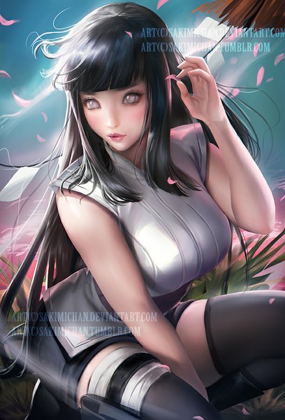 Anime picture 612x900 with naruto studio pierrot naruto (series) hyuuga hinata sakimichan single long hair tall image blush fringe breasts black hair large breasts signed looking away wind lips realistic grey eyes watermark