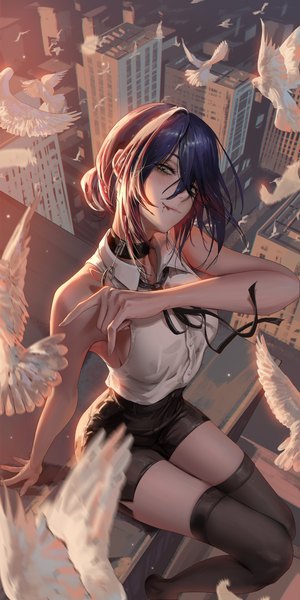 Anime picture 2000x4000 with chainsaw man mappa reze (chainsaw man) liang xing single tall image looking at viewer fringe highres short hair light erotic black hair hair between eyes sitting bare shoulders green eyes outdoors head tilt arm up from above