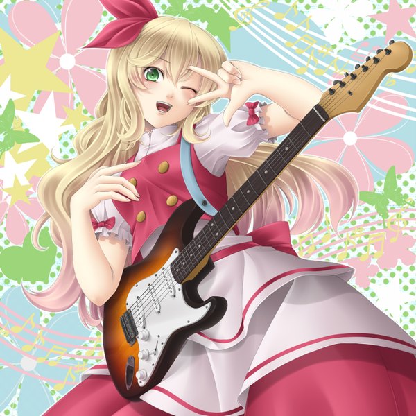 Anime picture 1500x1500 with touhou ellen mochi.f long hair open mouth blonde hair green eyes victory girl musical instrument guitar