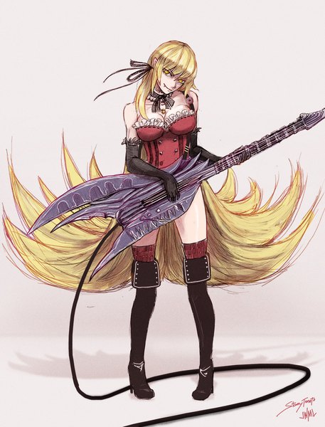 Anime picture 823x1080 with kizumonogatari shaft (studio) monogatari (series) kissshot acerolaorion heartunderblade justin leyva (steamy tomato) single tall image fringe breasts light erotic simple background blonde hair smile standing signed yellow eyes full body very long hair head tilt pointy ears