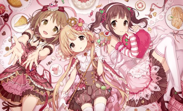 Anime picture 1479x900 with idolmaster idolmaster cinderella girls futaba anzu ogata chieri mimura kanako tamaext long hair looking at viewer fringe short hair open mouth blonde hair brown hair wide image twintails multiple girls brown eyes payot head tilt zettai ryouiki