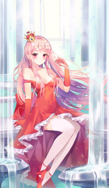 Anime picture 3235x5565 with original yuna (deadawon) single tall image looking at viewer blush fringe highres breasts hair between eyes sitting bare shoulders pink hair absurdres cleavage full body very long hair pink eyes light smile off shoulder