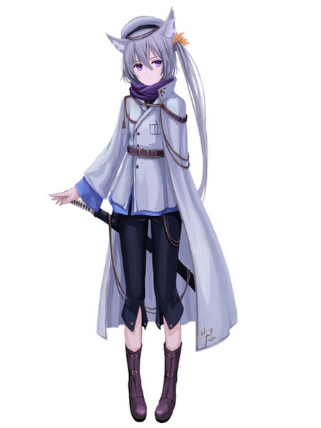 Anime picture 1801x2400 with original mikisai single long hair tall image looking at viewer blush fringe highres blue eyes simple background hair between eyes standing white background animal ears full body long sleeves head tilt grey hair side ponytail