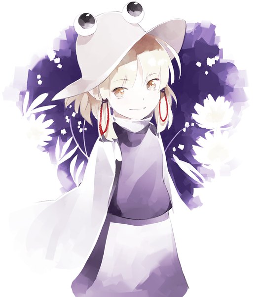 Anime picture 893x1005 with touhou moriya suwako shihou (g-o-s) single tall image looking at viewer fringe short hair simple background blonde hair smile standing white background brown eyes wide sleeves girl hat