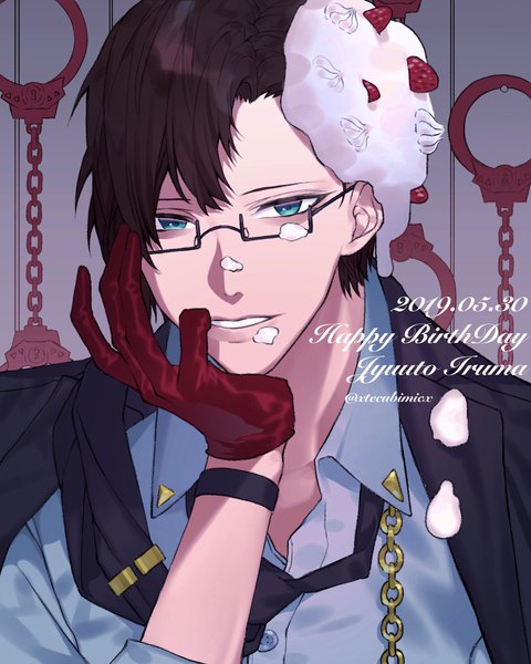 Anime picture 1600x2000 with hypnosis mic iruma juuto xtecubimicx single tall image looking at viewer short hair brown hair signed aqua eyes character names twitter username dated happy birthday chin rest food on face boy gloves glasses food