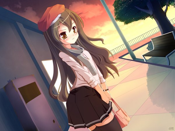 Anime picture 1024x768 with toradora j.c. staff aisaka taiga natsumiya yuzu single long hair brown hair twintails brown eyes dutch angle casual thighhighs skirt hat scarf pendant cat bag clock pocket watch