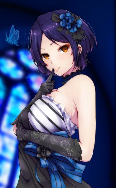 Anime picture 1240x2000 with idolmaster idolmaster cinderella girls hayami kanade ryuu. single tall image looking at viewer short hair breasts smile bare shoulders purple hair upper body orange eyes finger to mouth girl dress gloves black gloves elbow gloves
