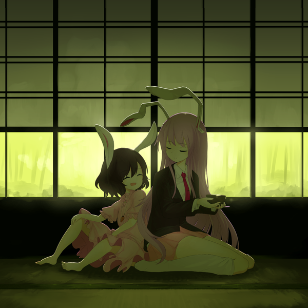 Anime picture 1320x1320 with touhou reisen udongein inaba inaba tewi yukihiko (sky sleep) long hair short hair open mouth black hair smile sitting multiple girls animal ears payot purple hair indoors eyes closed pleated skirt barefoot bunny ears no shoes