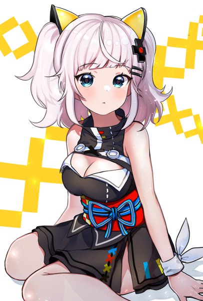 Anime picture 4240x6256 with virtual youtuber the moon studio kaguya luna tate yukimi single long hair tall image looking at viewer blush fringe highres breasts blue eyes simple background white background sitting twintails bare shoulders payot absurdres