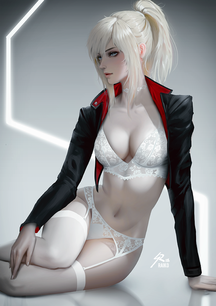 Anime picture 849x1200 with original tess turner raikoart single long hair tall image looking at viewer fringe breasts light erotic simple background blonde hair hair between eyes sitting signed payot cleavage ponytail lips realistic