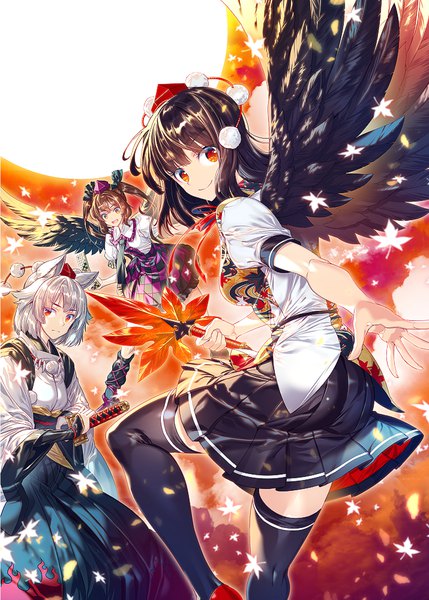 Anime picture 715x1000 with touhou shameimaru aya inubashiri momiji himekaidou hatate zounose long hair tall image looking at viewer short hair black hair smile red eyes brown hair twintails multiple girls silver hair traditional clothes japanese clothes pleated skirt puffy sleeves