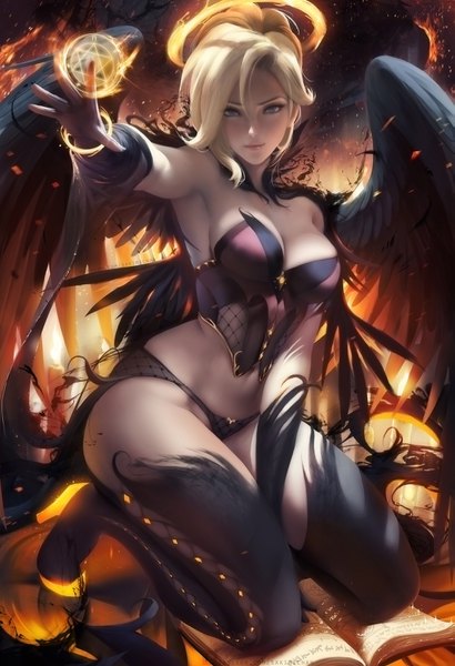 Anime picture 2326x3400 with overwatch blizzard entertainment mercy (overwatch) witch mercy sakimichan single tall image looking at viewer fringe highres breasts blue eyes light erotic blonde hair large breasts signed lips realistic armpit (armpits) high heels