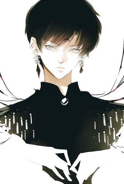 Anime picture 779x1153 with bishoujo senshi sailor moon toei animation safire saki (hxaxcxk) single tall image short hair black hair simple background white background looking away crescent white eyes boy earrings moon crystal hands thread