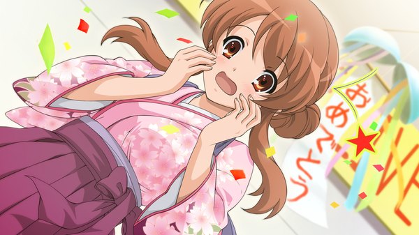 Anime picture 1920x1080 with suzumiya haruhi no yuutsu kyoto animation asahina mikuru single long hair looking at viewer highres open mouth brown hair wide image brown eyes game cg traditional clothes japanese clothes alternate hairstyle hair up girl kimono confetti