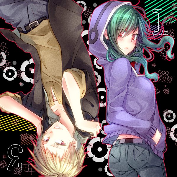 Anime picture 1200x1200 with kagerou project shaft (studio) kido tsubomi kano shuuya ymk long hair looking at viewer blush fringe short hair blonde hair smile red eyes green hair couple girl boy sweater jeans