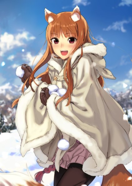 Anime picture 706x999 with spice and wolf horo kawakami rokkaku single long hair tall image looking at viewer blush fringe open mouth smile red eyes brown hair standing animal ears payot sky cloud (clouds) bent knee (knees) tail