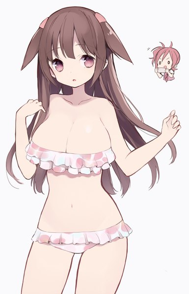 Anime picture 1400x2181 with saki maya yukiko shishihara sawaya itsumi (itumiyuo) long hair tall image fringe breasts light erotic simple background brown hair white background multiple girls looking away pink eyes huge breasts solo focus girl 2 girls swimsuit