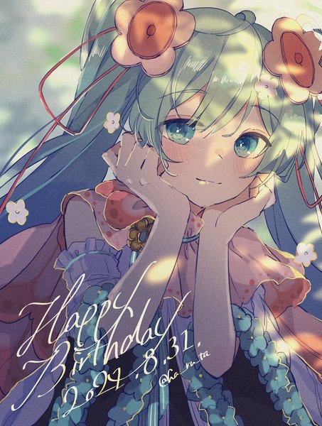 Anime picture 1376x1823 with vocaloid magical mirai (vocaloid) hatsune miku magical mirai miku magical mirai miku (2021) haruta (user dndp3458) single long hair tall image looking at viewer blush fringe hair between eyes twintails signed upper body aqua eyes green hair twitter username dated