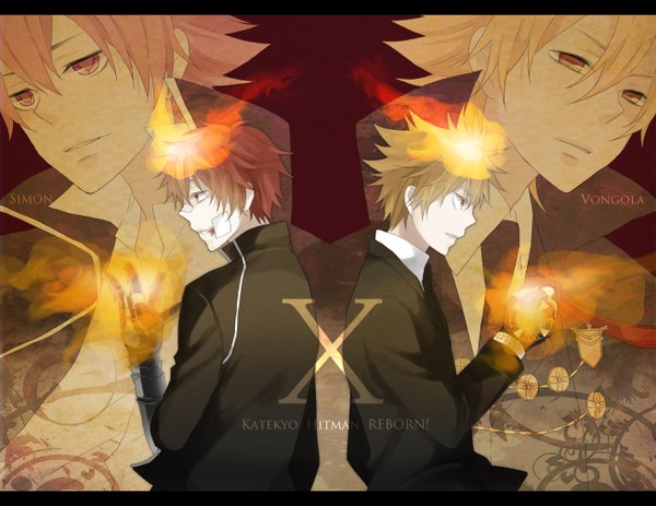 Anime picture 1300x1004 with katekyou hitman reborn sawada tsunayoshi vongola primo giotto enma kozato cozart shimon kiri (lwp01 lav) short hair blonde hair red eyes brown eyes red hair profile open collar back to back bandaid on face aura shimon family boy gloves necktie