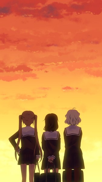 Anime picture 2160x3840 with original yuuki tatsuya long hair tall image highres short hair blonde hair brown hair twintails multiple girls holding looking away sky silver hair pleated skirt from behind scan evening hands behind back girl