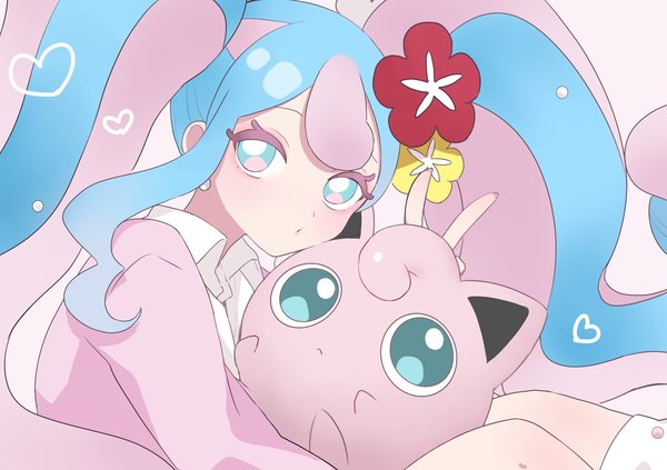 Anime picture 2894x2039 with pokemon vocaloid nintendo project voltage hatsune miku jigglypuff fairy miku (project voltage) koro ten single looking at viewer highres sitting twintails blue hair pink hair very long hair multicolored hair hair flower aqua eyes two-tone hair