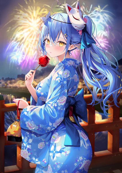 Anime picture 1520x2149 with virtual youtuber hololive yukihana lamy rin yuu single long hair tall image looking at viewer blush fringe breasts hair between eyes standing holding yellow eyes payot blue hair ahoge outdoors ponytail