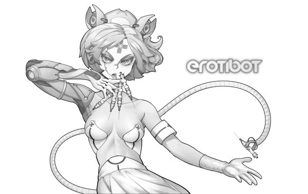 Anime picture 5087x3207 with original erotibot single looking at viewer highres short hair breasts light erotic simple background white background signed absurdres tail grey hair grey eyes monochrome licking nurse mechanical mechanical arms