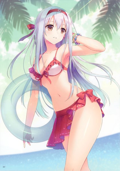 Anime picture 2132x3035 with kantai collection shoukaku aircraft carrier an2a single long hair tall image blush highres breasts light erotic brown eyes looking away silver hair scan bare belly hand on head fisheye girl navel swimsuit