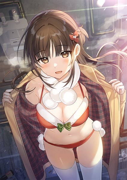 Anime-Bild 778x1100 mit original tan (tangent) single long hair tall image looking at viewer blush fringe breasts open mouth light erotic smile hair between eyes brown hair large breasts standing brown eyes braid (braids) :d from above