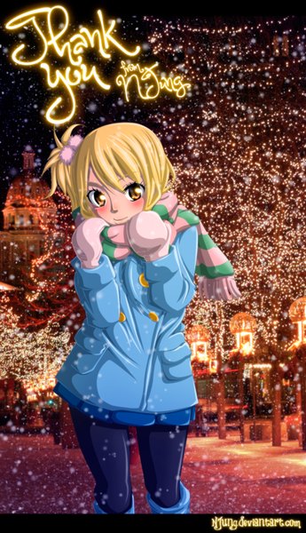 Anime picture 900x1565 with fairy tail lucy heartfilia natilokijung single tall image blush short hair blonde hair smile brown eyes inscription coloring light christmas merry christmas girl pantyhose scarf building (buildings) thigh boots