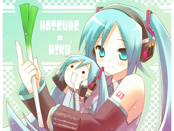 Anime picture 1024x768 with vocaloid hatsune miku eretto chibi girl leek