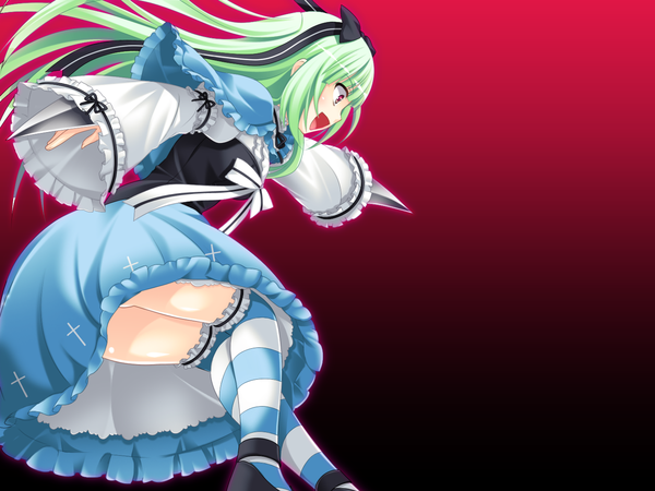 Anime picture 1426x1070 with bloody rondo (game) makita maki single long hair open mouth simple background red eyes game cg long sleeves green hair girl thighhighs dress ribbon (ribbons) weapon striped thighhighs