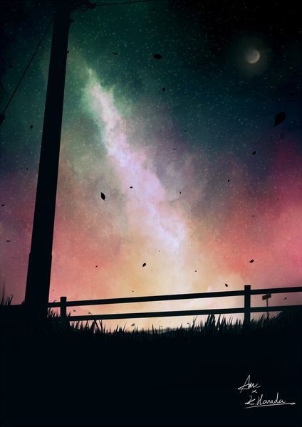 Anime picture 919x1300 with original alu.m (alpcmas) tall image signed outdoors night night sky no people scenic plant (plants) leaf (leaves) moon star (stars) grass fence power lines galaxy