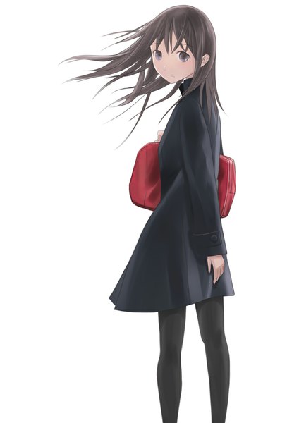 Anime picture 827x1169 with original chikuwa (odennabe) single long hair tall image black hair simple background white background looking back black eyes girl bag coat