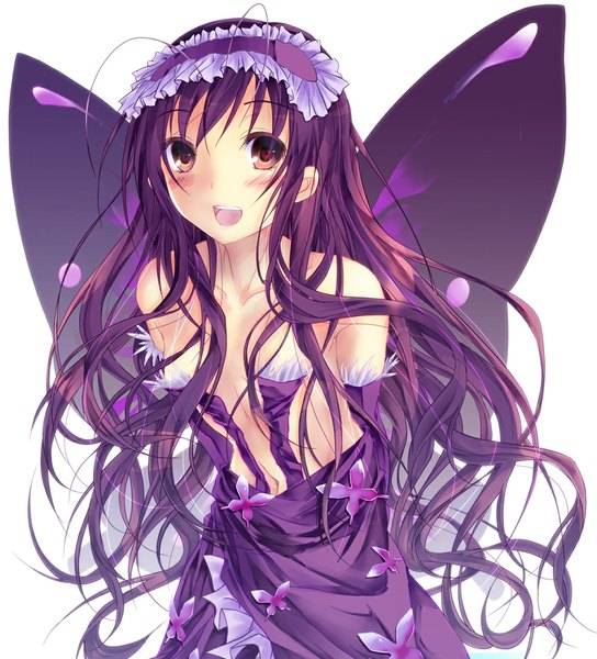 Anime picture 1000x1102 with accel world sunrise (studio) kuroyukihime hasshin akiichi (yagami shuuichi) long hair tall image blush open mouth simple background white background bare shoulders brown eyes purple hair insect wings butterfly wings girl dress gloves elbow gloves headdress