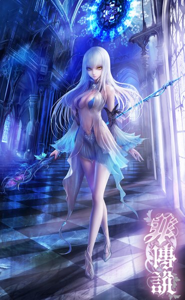 Anime picture 827x1339 with original tagme (character) fufu single long hair tall image looking at viewer breasts light erotic bare shoulders yellow eyes full body white hair indoors light smile sunlight open clothes bare legs sleeveless hieroglyph