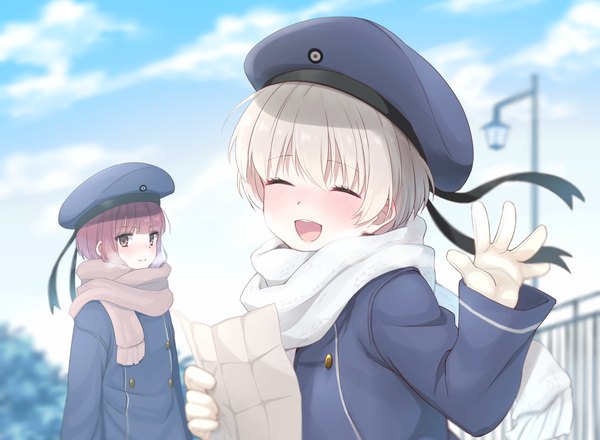 Anime picture 1975x1451 with kantai collection z3 destroyer (max schultz) z1 destroyer (leberecht maass) totto (naka) looking at viewer blush fringe highres short hair open mouth smile hair between eyes brown hair multiple girls brown eyes sky cloud (clouds) outdoors white hair eyes closed