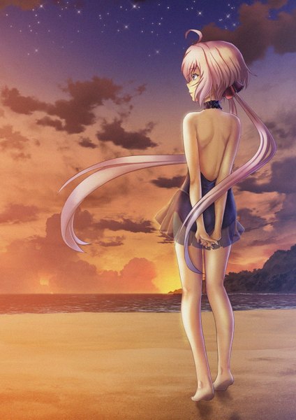 Anime picture 1066x1507 with senki zesshou symphogear satelight yukine chris yayoi1986 single long hair tall image fringe smile twintails bare shoulders looking away pink hair cloud (clouds) ahoge barefoot sunlight bare legs no shoes beach