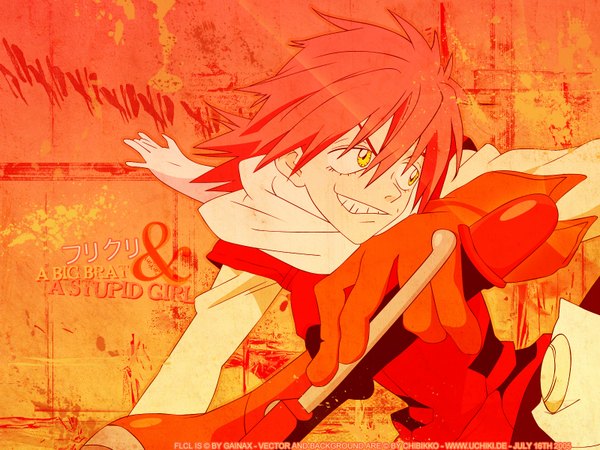 Anime picture 1600x1200 with flcl gainax haruhara haruko orange background vespa tagme