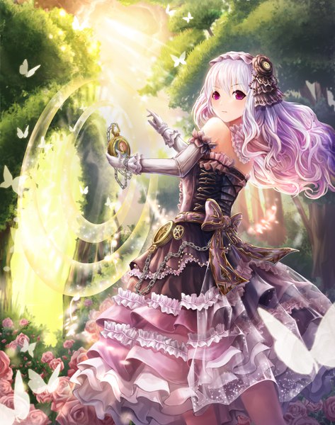 Anime picture 1200x1520 with original lunacle single long hair tall image fringe standing bare shoulders looking away outdoors white hair pink eyes looking back sunlight lolita fashion girl dress gloves hair ornament flower (flowers)