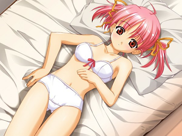 Anime picture 1024x768 with anonono tooyama kokoro light erotic red eyes twintails pink hair game cg ahoge lying from above on back underwear only hand on chest short twintails girl underwear panties ribbon (ribbons) pillow bed