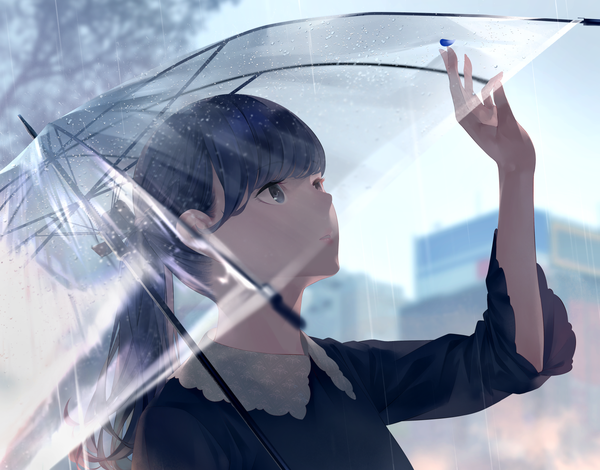 Anime picture 1600x1254 with original sousou (sousouworks) single long hair fringe black hair sky upper body outdoors ponytail parted lips black eyes blurry looking up rain transparent umbrella girl ribbon (ribbons) plant (plants) hair ribbon