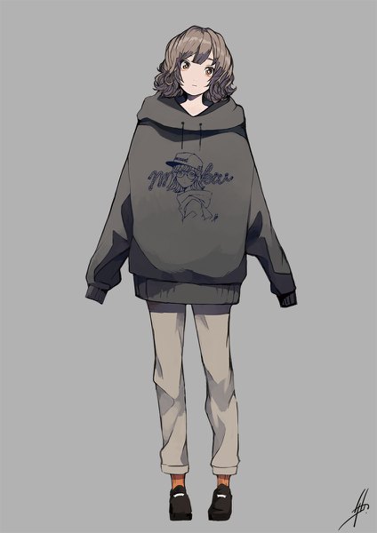 Anime picture 848x1200 with original nanakawa (nanasoon) single tall image fringe short hair simple background standing brown eyes signed full body long sleeves head tilt grey background wavy hair girl hood hoodie