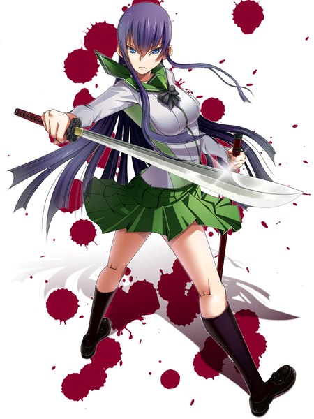Anime picture 1536x2048 with highschool of the dead madhouse busujima saeko single tall image looking at viewer breasts blue eyes large breasts purple hair very long hair girl weapon sword katana blood