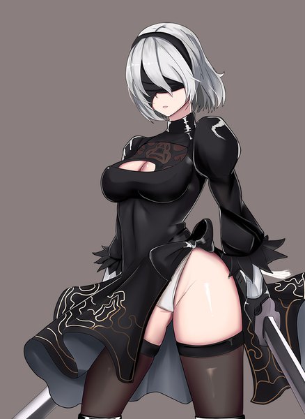 Anime picture 747x1023 with nier nier:automata yorha no. 2 type b gg-e single tall image short hair breasts light erotic simple background large breasts holding silver hair parted lips grey background puffy sleeves ass visible through thighs cleavage cutout dual wielding blindfold
