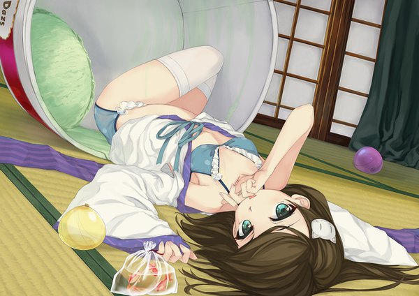 Anime picture 1273x900 with original moe2018 54cr single looking at viewer blush fringe short hair breasts light erotic brown hair indoors lying traditional clothes japanese clothes aqua eyes wide sleeves on back licking hand on face
