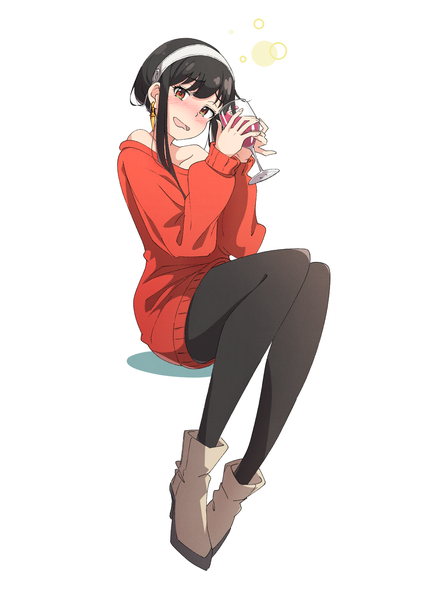 Anime picture 1066x1491 with spy x family yor briar eito12 single long hair tall image looking at viewer blush fringe black hair simple background hair between eyes red eyes white background sitting full body drunk girl dress earrings